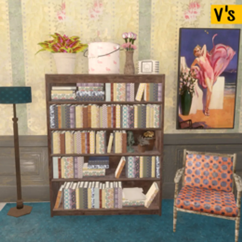 A bookcase of retextured books beside a lamp and patterned armchair